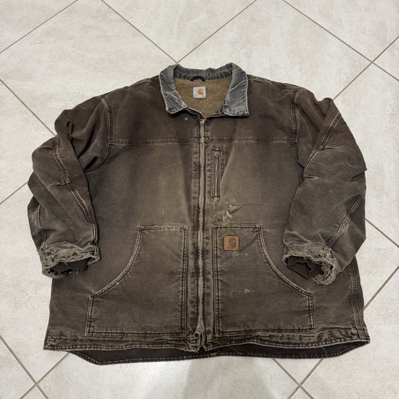 Carhartt Other - Carhartt Jacket Mens 3XL Brown Canvas Full Zip Sherpa Lined Distressed C61-DKB